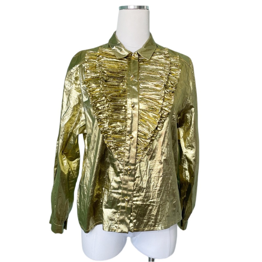 1970s Gold Lurex Lame Huge Ruffled Bow Tuxedo Studio 54 Button Front Blouse M